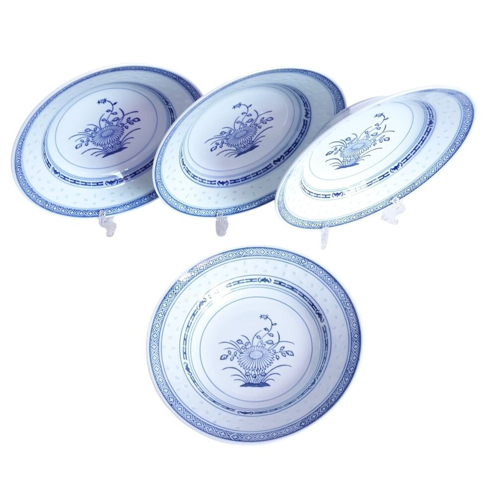 4 TIENSHAN Chrysanthemum Rice Grains Pattern Blue and White Bread/Butter Plates